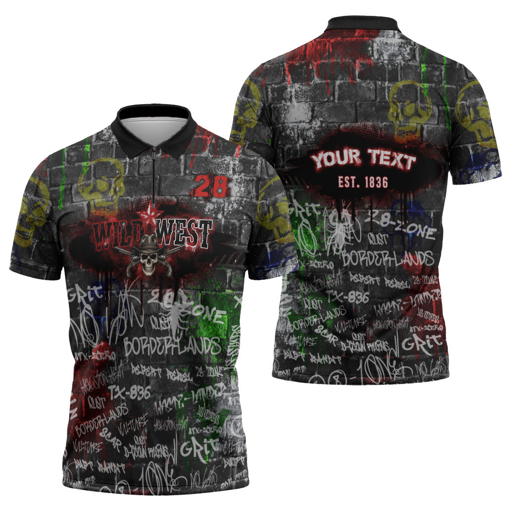 Personalized Wild West Borderlands Zipper Polo Shirt Urban Street Graffiti Art Skull Scorpion Symbols