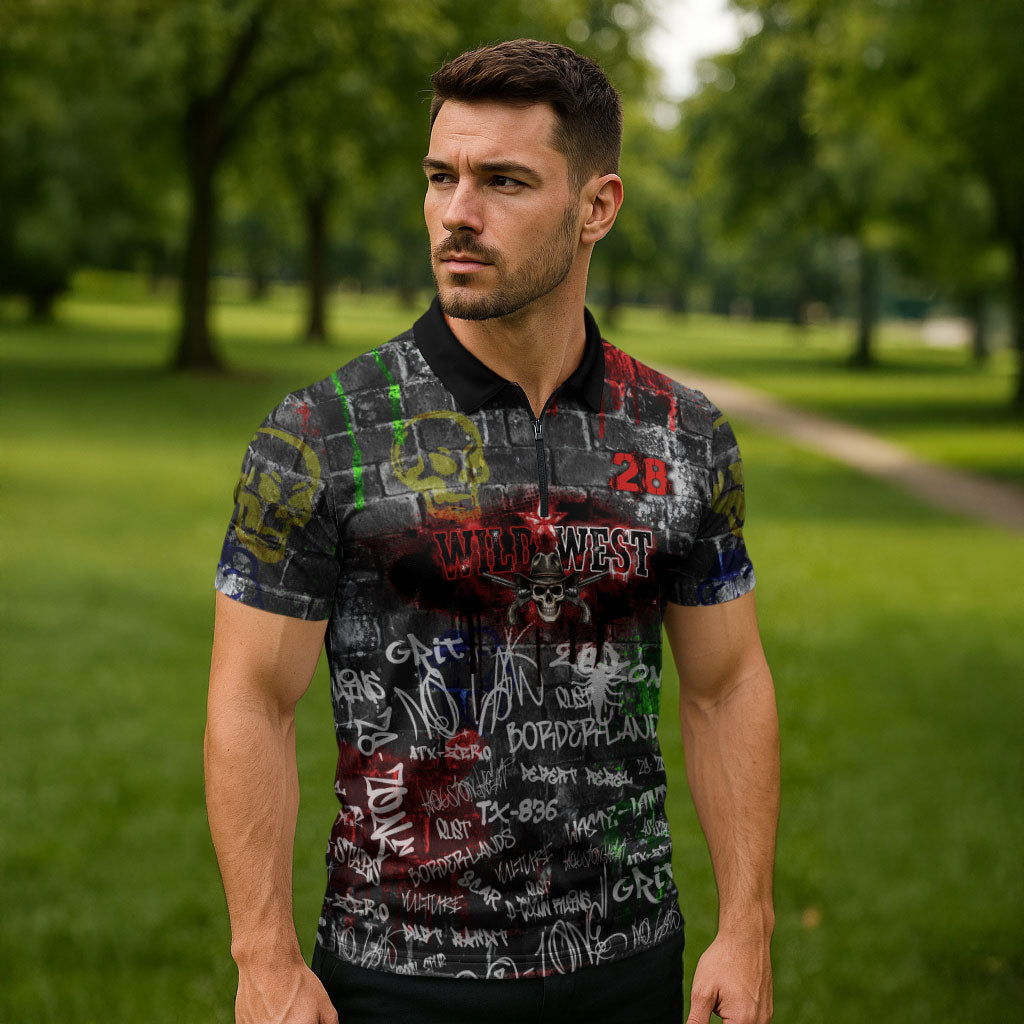 Personalized Wild West Borderlands Zipper Polo Shirt Urban Street Graffiti Art Skull Scorpion Symbols