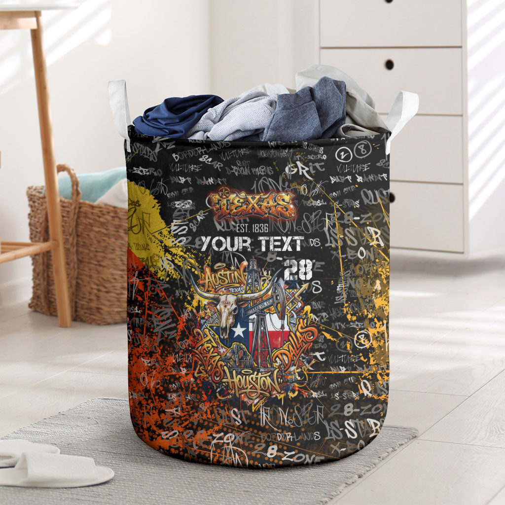 Personalized Texas State Pride Laundry Basket Urban Graffiti Style - Longhorn Skull - Oil Derrick Graphic