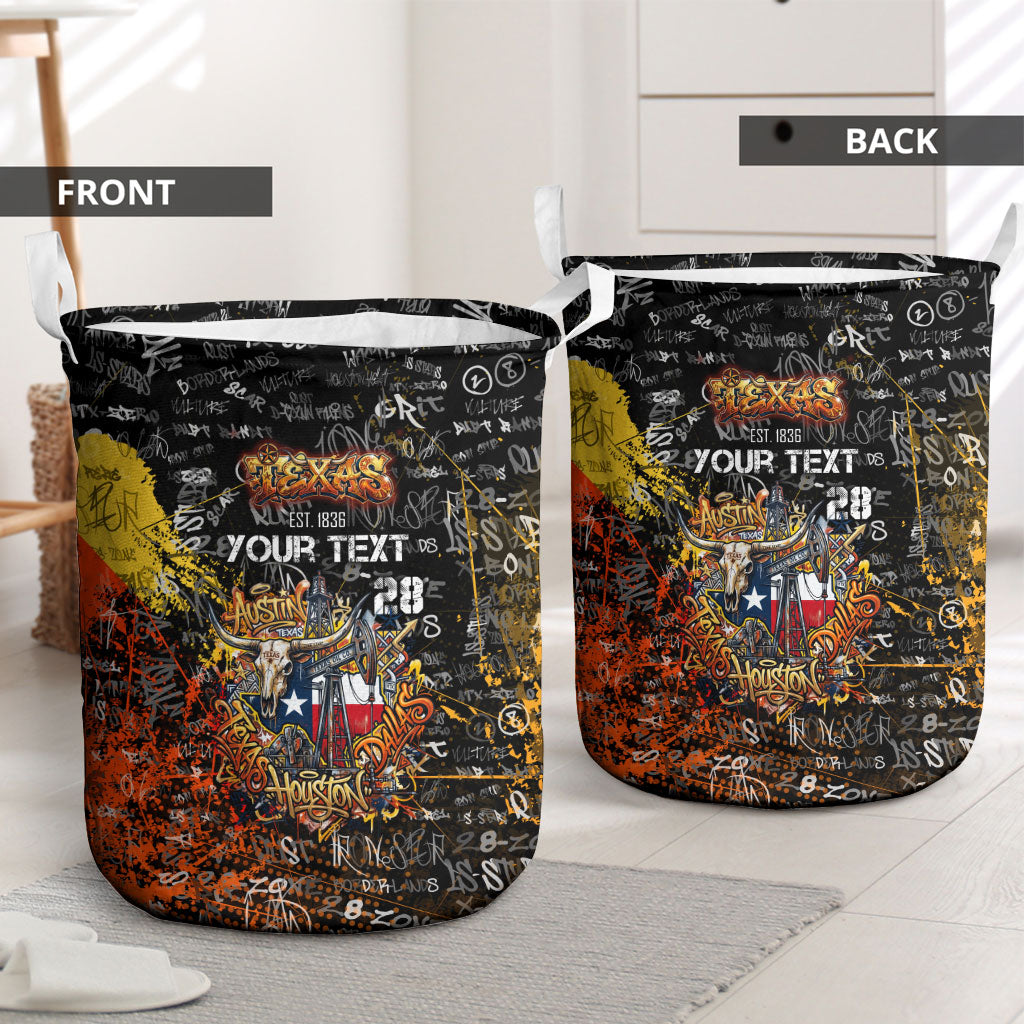 Personalized Texas State Pride Laundry Basket Urban Graffiti Style - Longhorn Skull - Oil Derrick Graphic