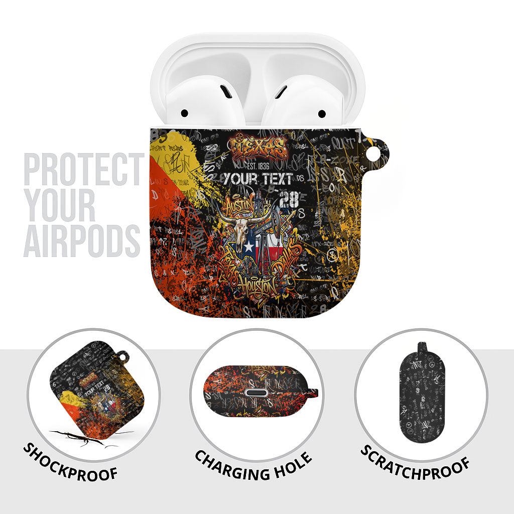 Personalized Texas State Pride AirPods Case Urban Graffiti Style - Longhorn Skull - Oil Derrick Graphic