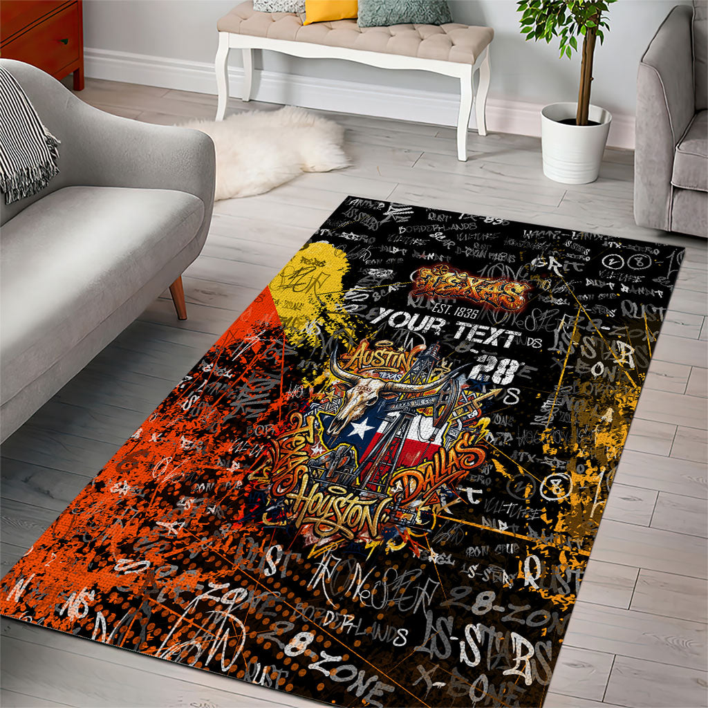 Personalized Texas State Pride Area Rug Urban Graffiti Style - Longhorn Skull - Oil Derrick Graphic