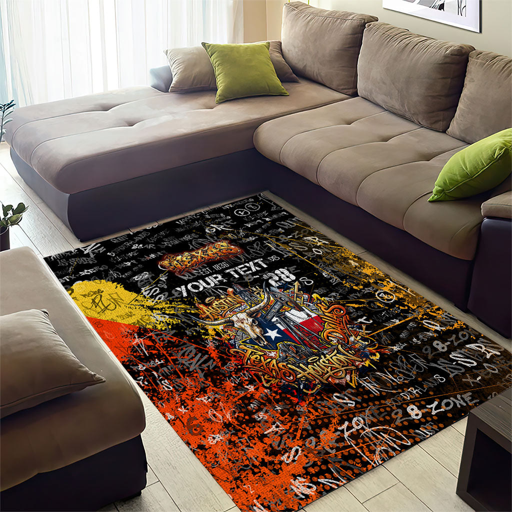 Personalized Texas State Pride Area Rug Urban Graffiti Style - Longhorn Skull - Oil Derrick Graphic
