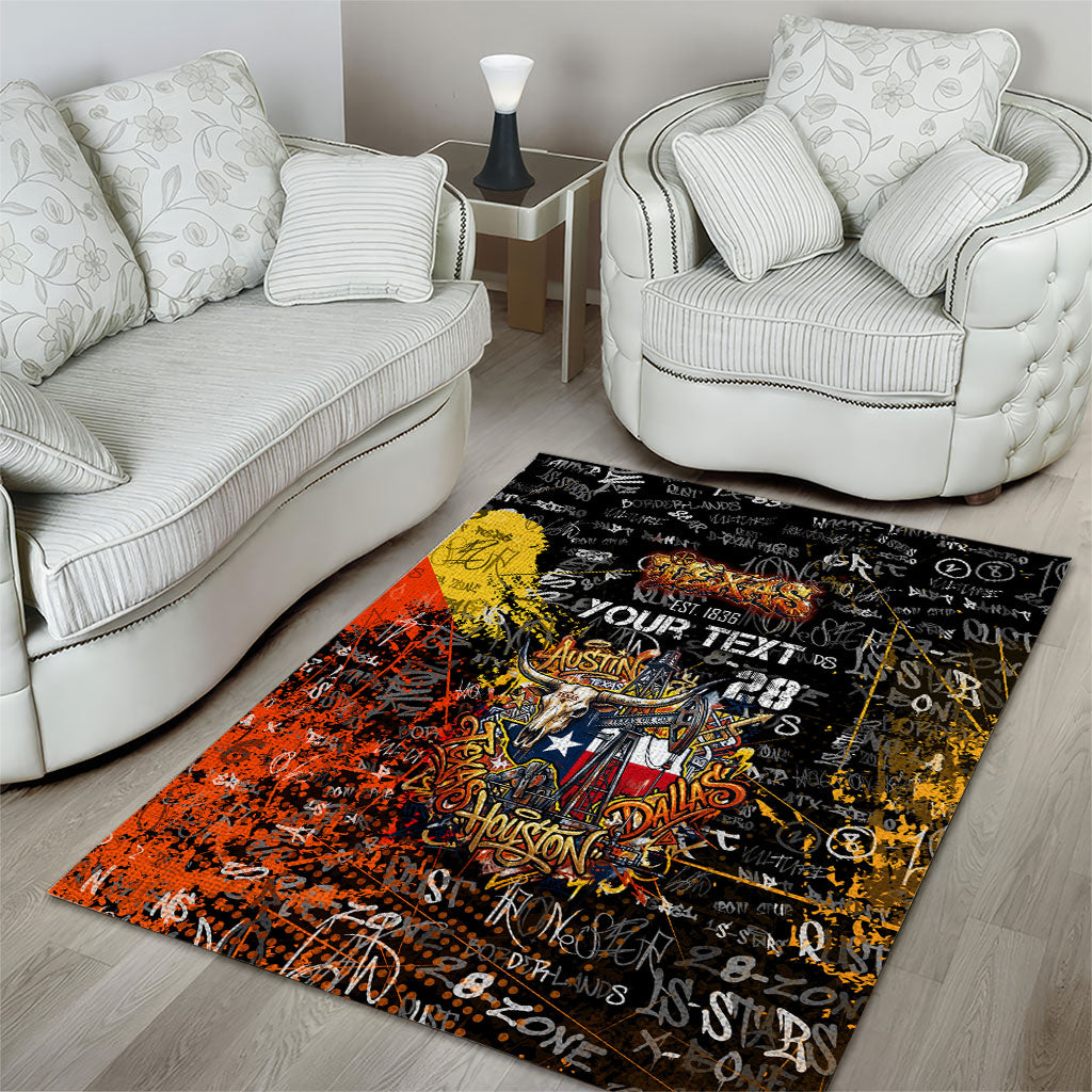 Personalized Texas State Pride Area Rug Urban Graffiti Style - Longhorn Skull - Oil Derrick Graphic
