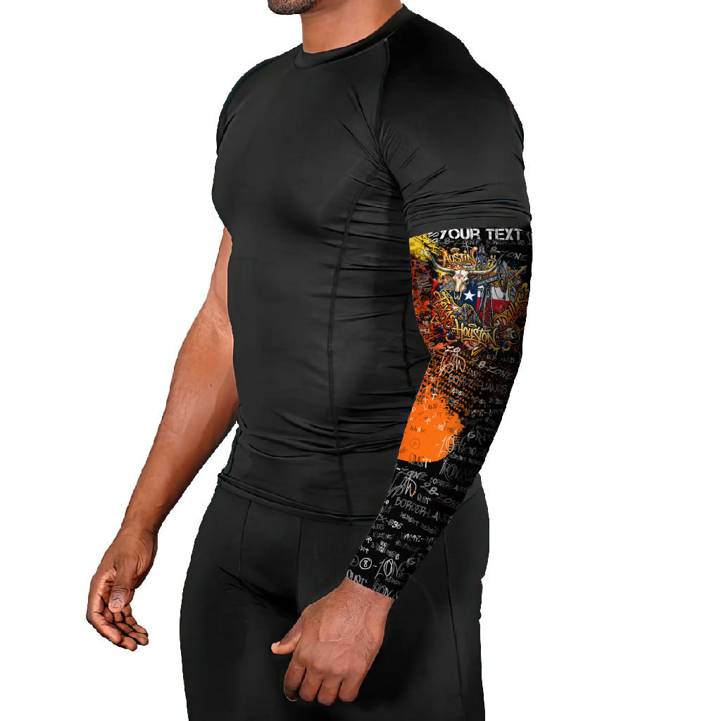 Personalized Texas State Pride Arm Sleeves Urban Graffiti Style - Longhorn Skull - Oil Derrick Graphic