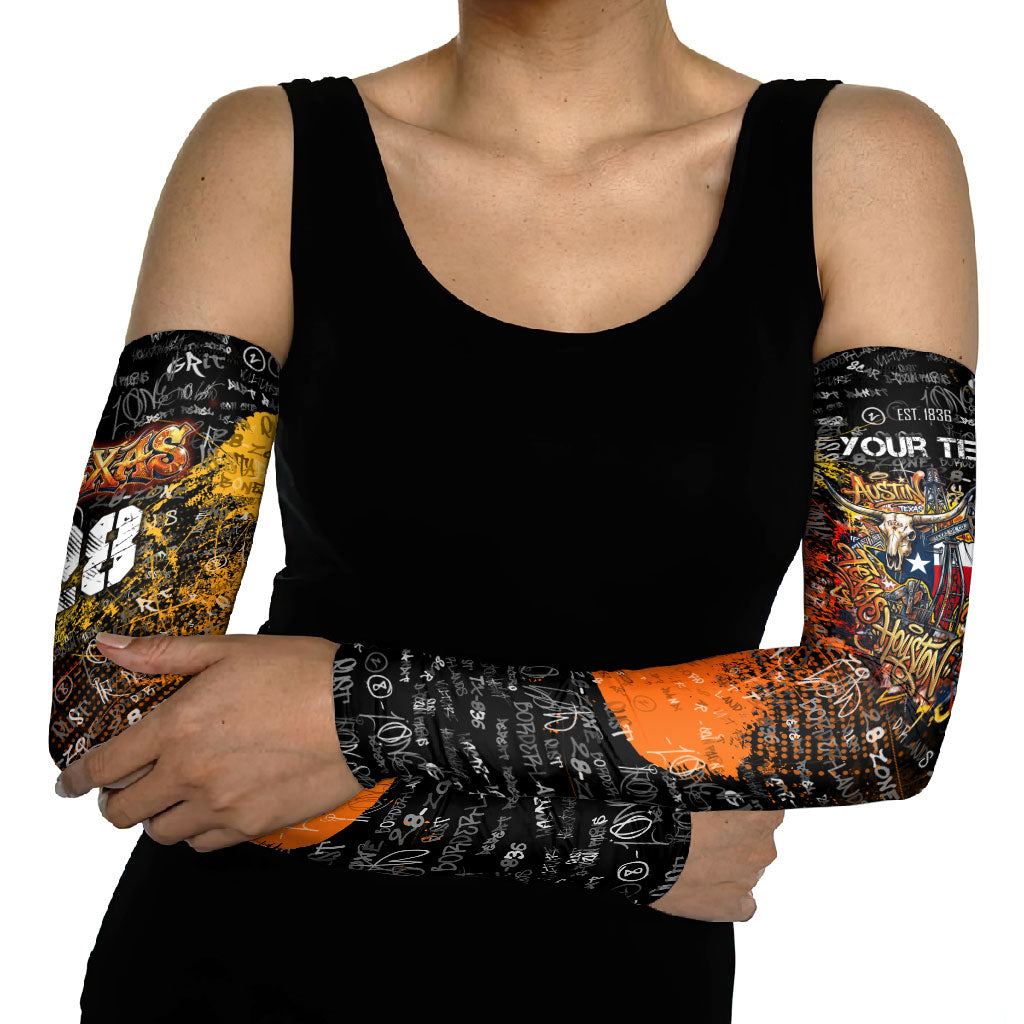 Personalized Texas State Pride Arm Sleeves Urban Graffiti Style - Longhorn Skull - Oil Derrick Graphic