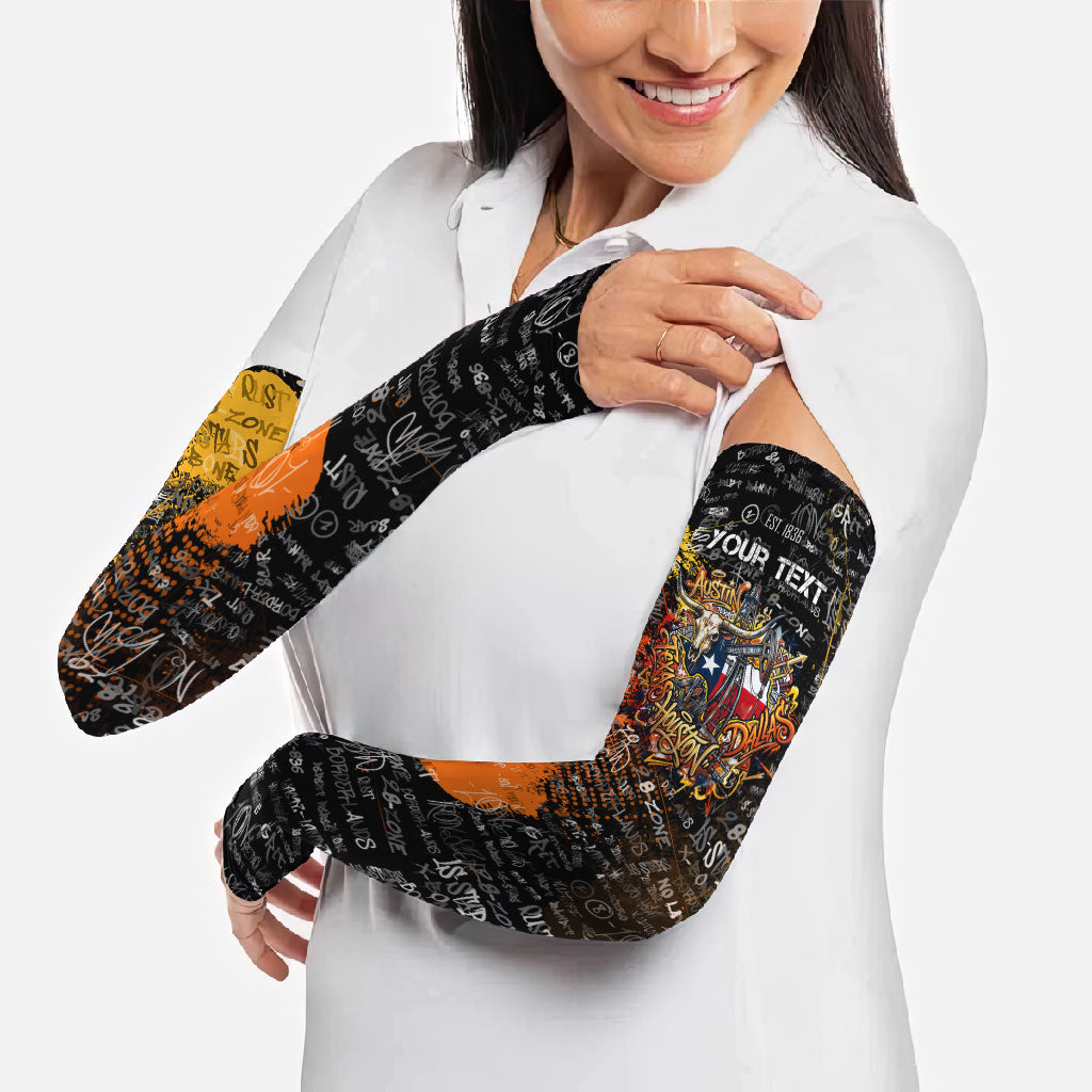 Personalized Texas State Pride Arm Sleeves Urban Graffiti Style - Longhorn Skull - Oil Derrick Graphic