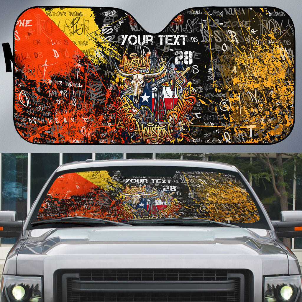 Personalized Texas State Pride Auto Sun Shade Urban Graffiti Style - Longhorn Skull - Oil Derrick Graphic