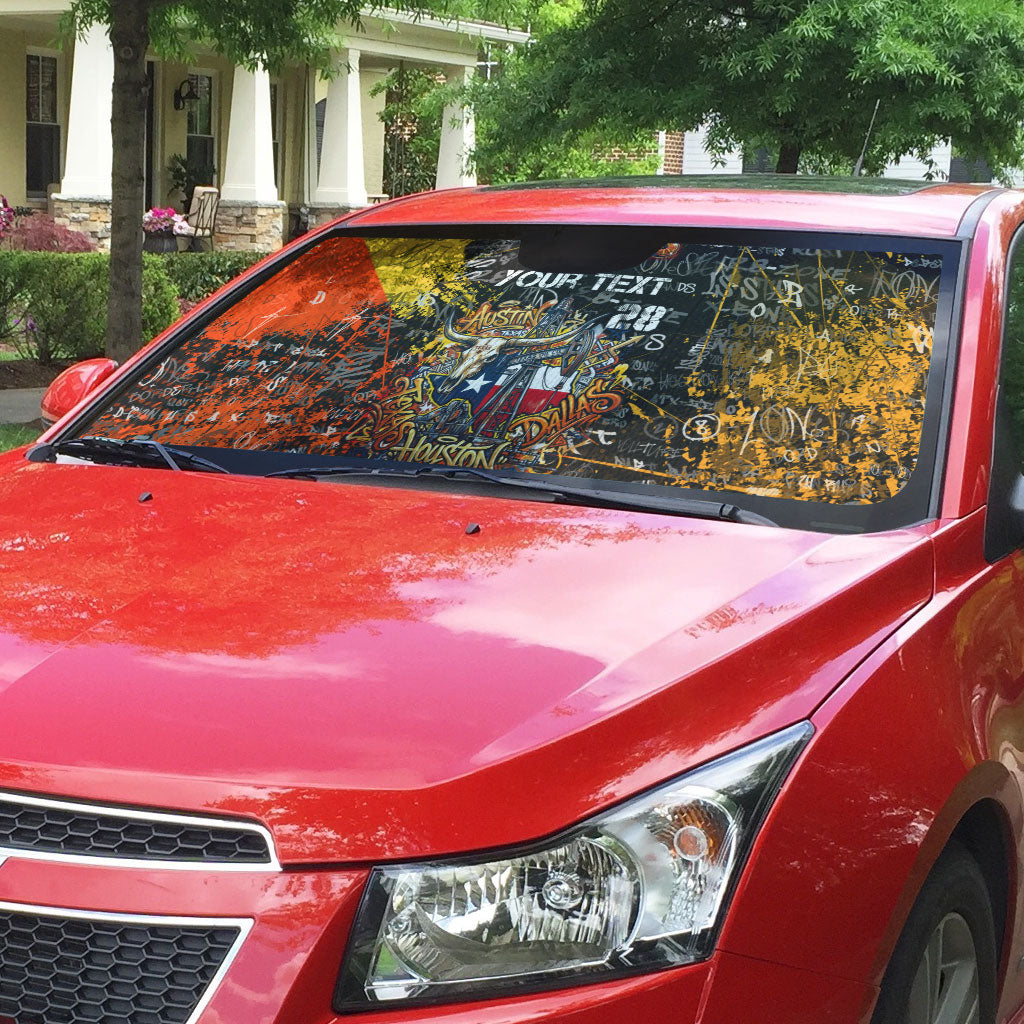 Personalized Texas State Pride Auto Sun Shade Urban Graffiti Style - Longhorn Skull - Oil Derrick Graphic