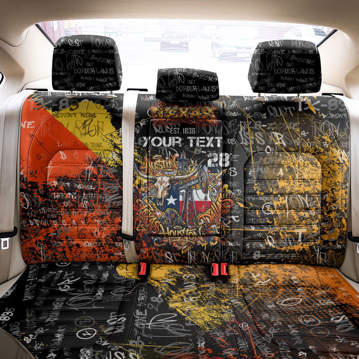 Personalized Texas State Pride Back Car Seat Cover Urban Graffiti Style - Longhorn Skull - Oil Derrick Graphic