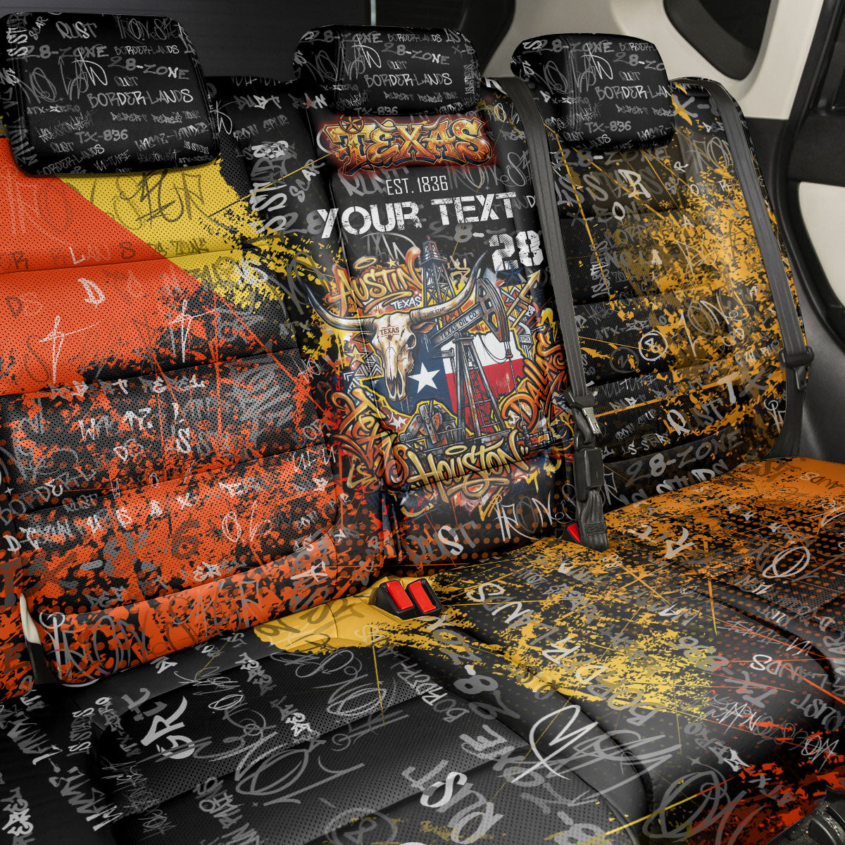 Personalized Texas State Pride Back Car Seat Cover Urban Graffiti Style - Longhorn Skull - Oil Derrick Graphic