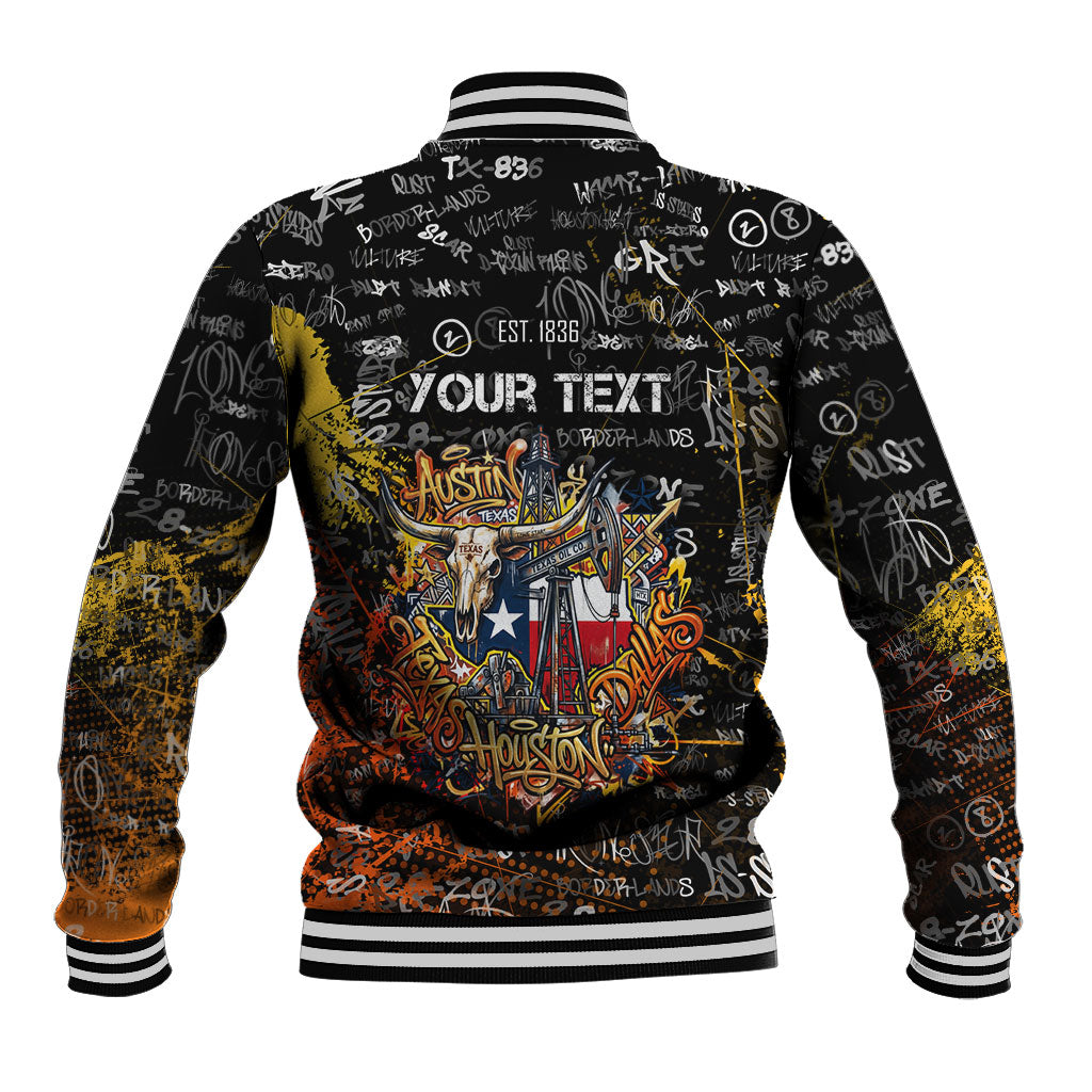 Personalized Texas State Pride Baseball Jacket Urban Graffiti Style - Longhorn Skull - Oil Derrick Graphic