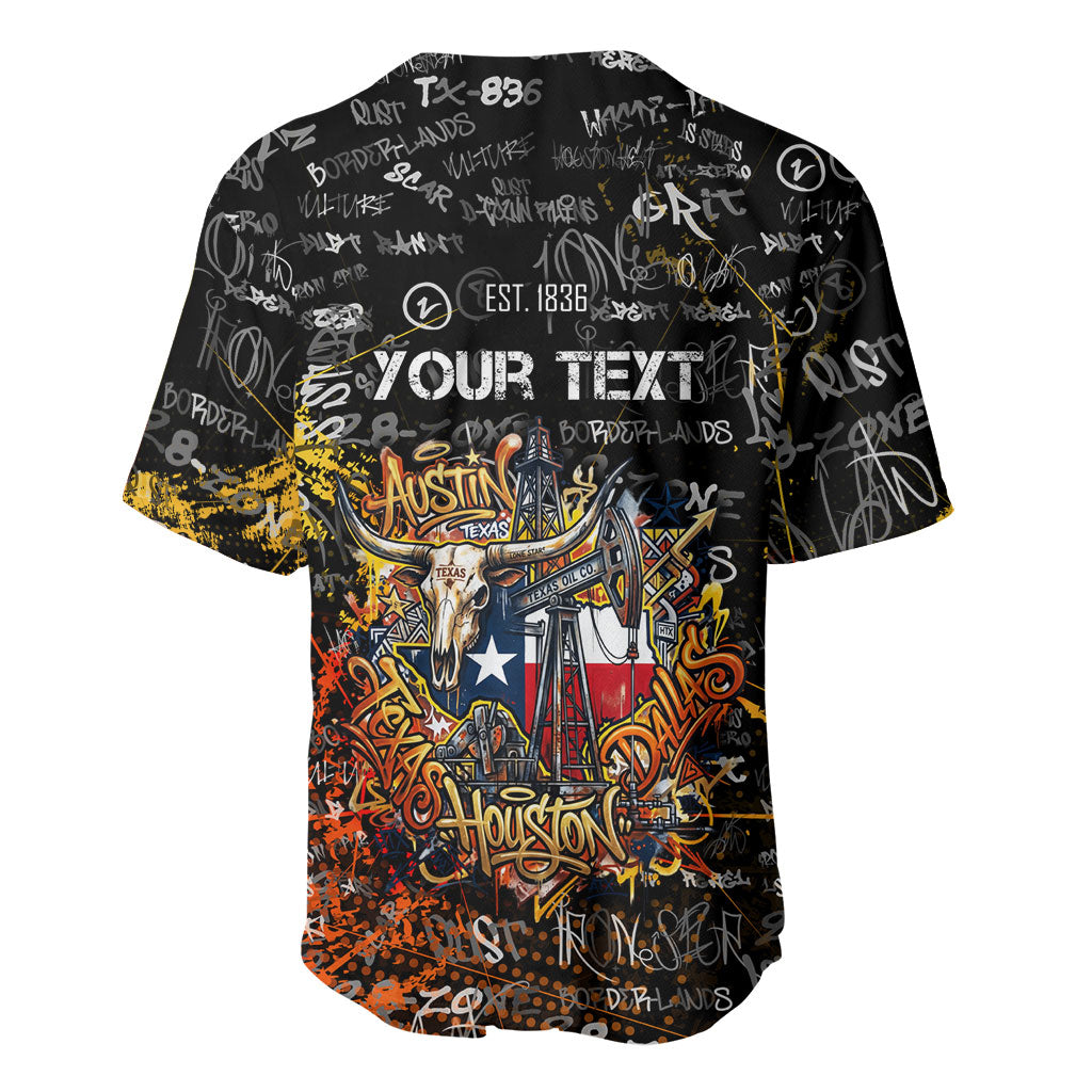 Personalized Texas State Pride Baseball Jersey Urban Graffiti Style - Longhorn Skull - Oil Derrick Graphic