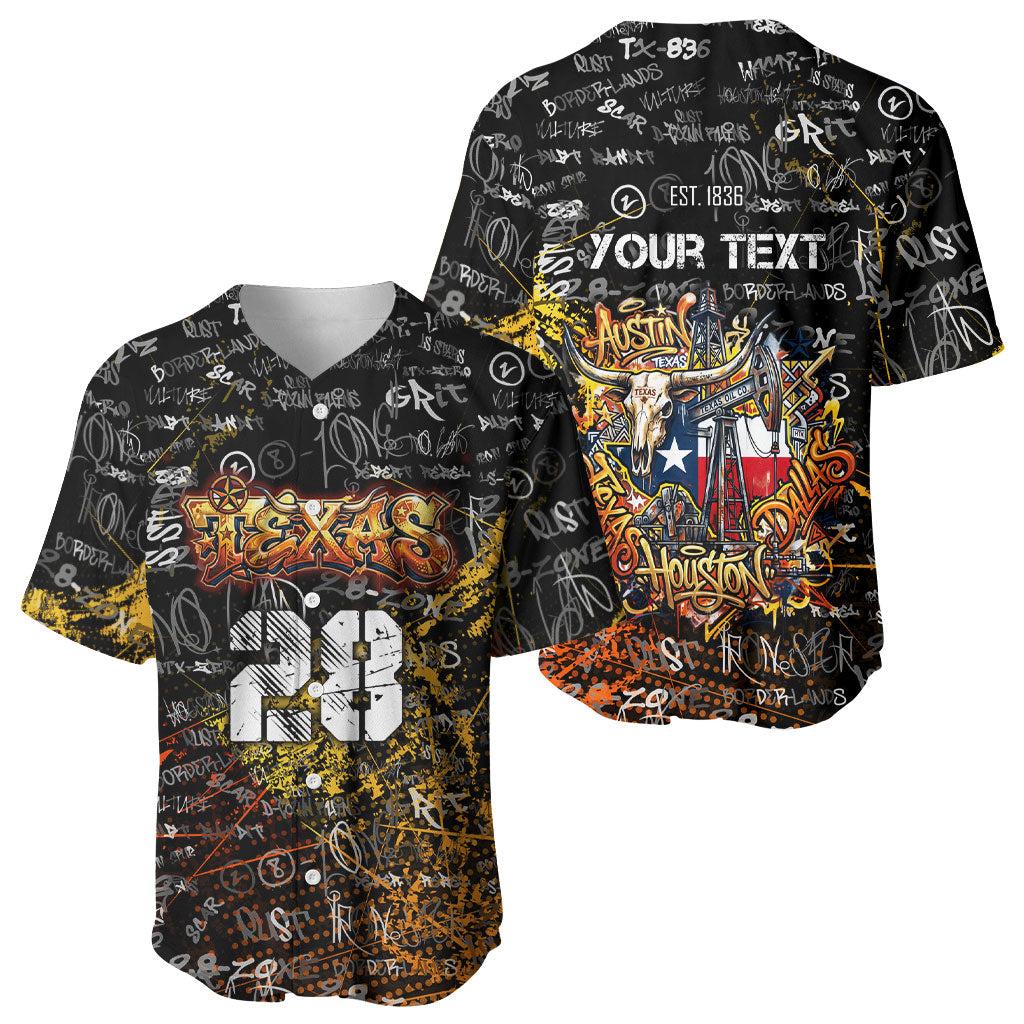 Personalized Texas State Pride Baseball Jersey Urban Graffiti Style - Longhorn Skull - Oil Derrick Graphic