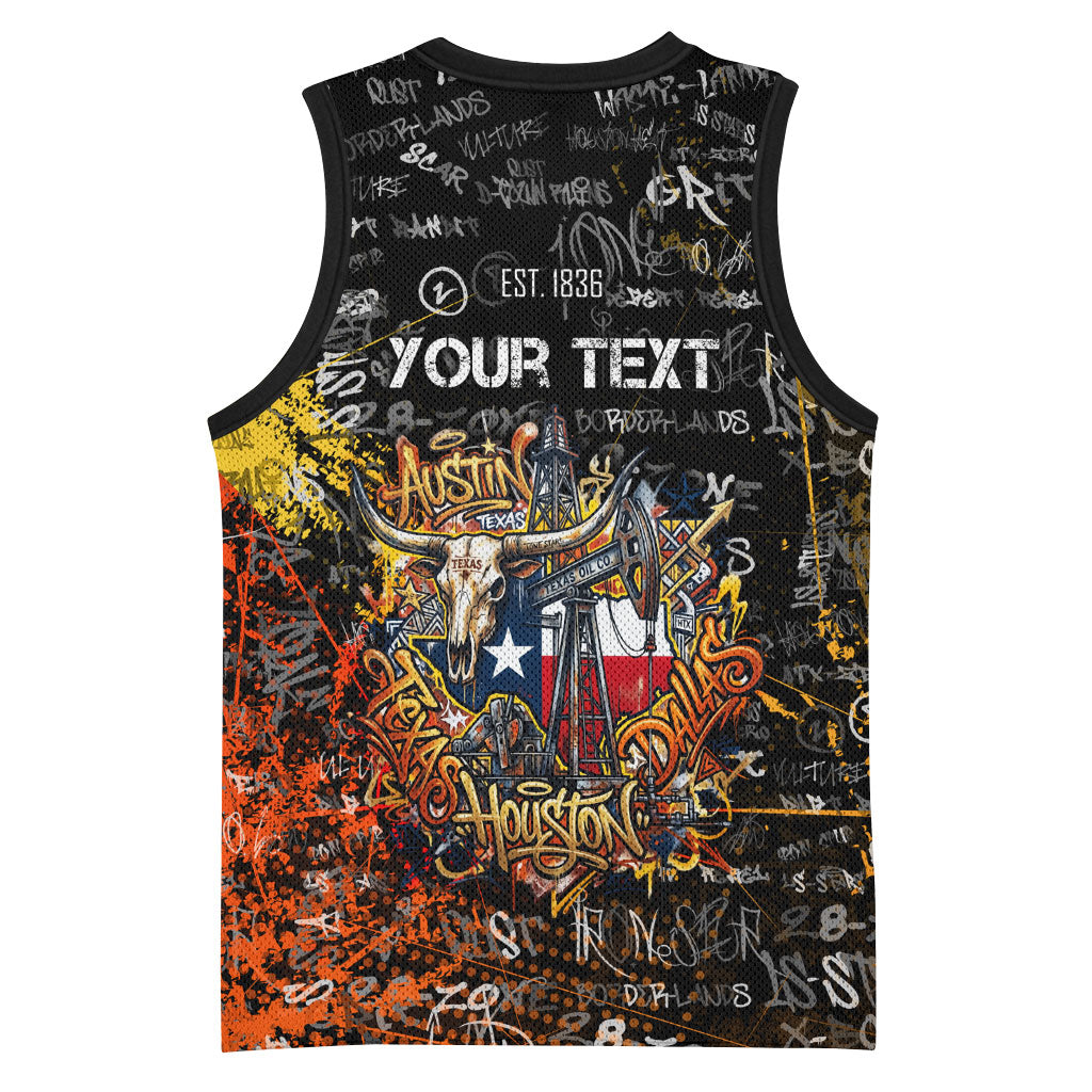 Personalized Texas State Pride Basketball Jersey Urban Graffiti Style - Longhorn Skull - Oil Derrick Graphic