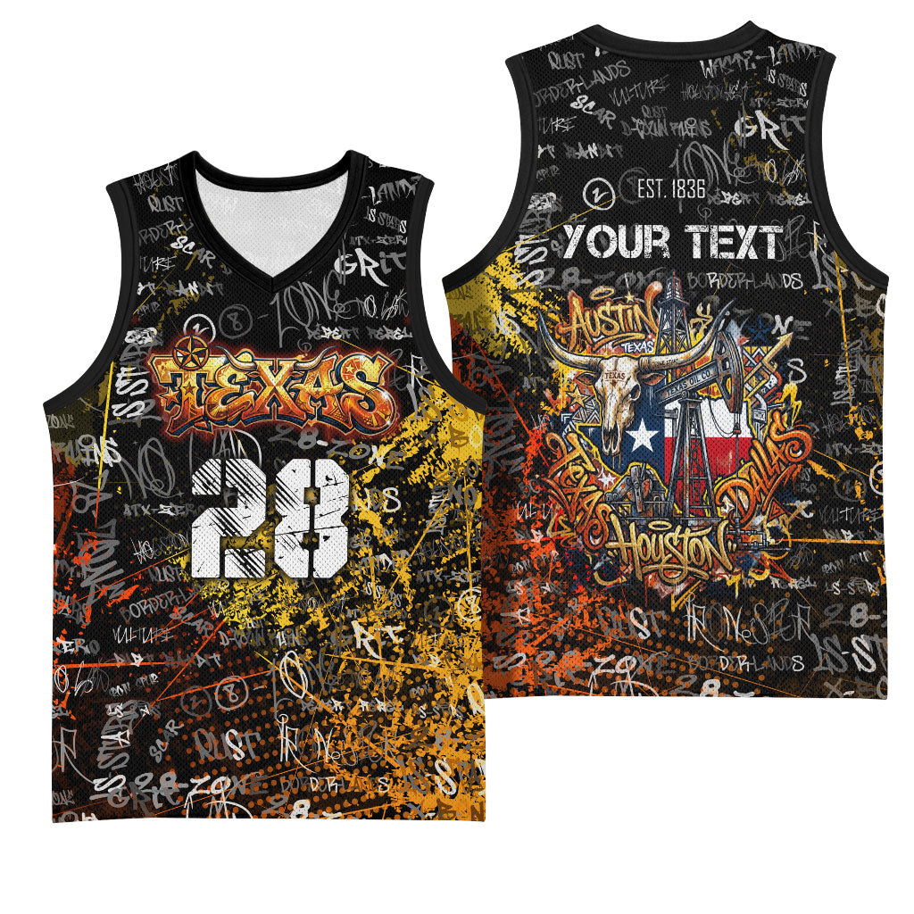 Personalized Texas State Pride Basketball Jersey Urban Graffiti Style - Longhorn Skull - Oil Derrick Graphic