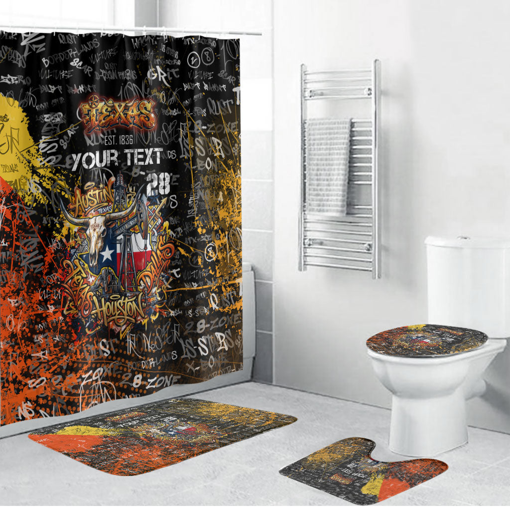 Personalized Texas State Pride Bathroom Set Urban Graffiti Style - Longhorn Skull - Oil Derrick Graphic