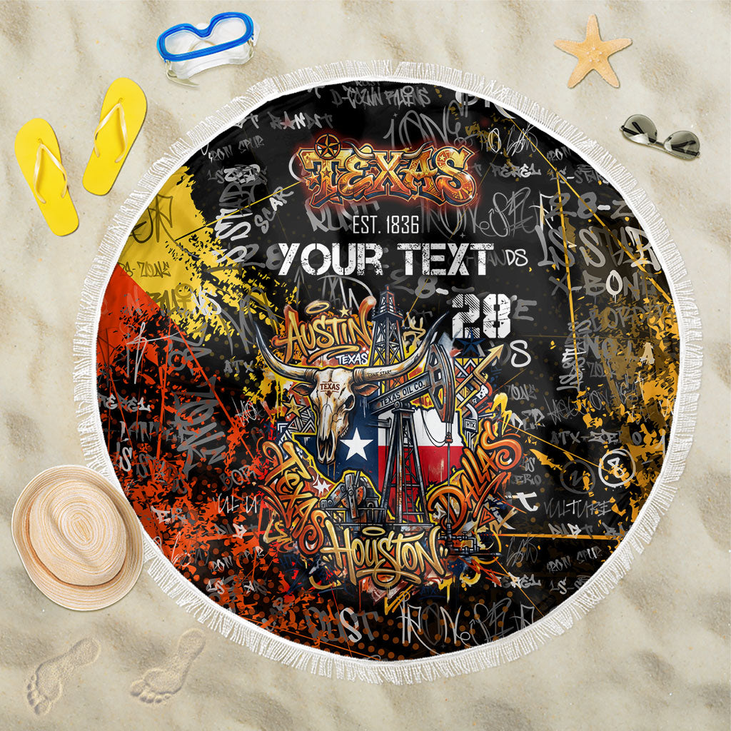 Personalized Texas State Pride Beach Blanket Urban Graffiti Style - Longhorn Skull - Oil Derrick Graphic