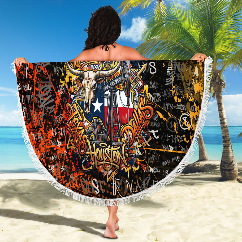 Personalized Texas State Pride Beach Blanket Urban Graffiti Style - Longhorn Skull - Oil Derrick Graphic