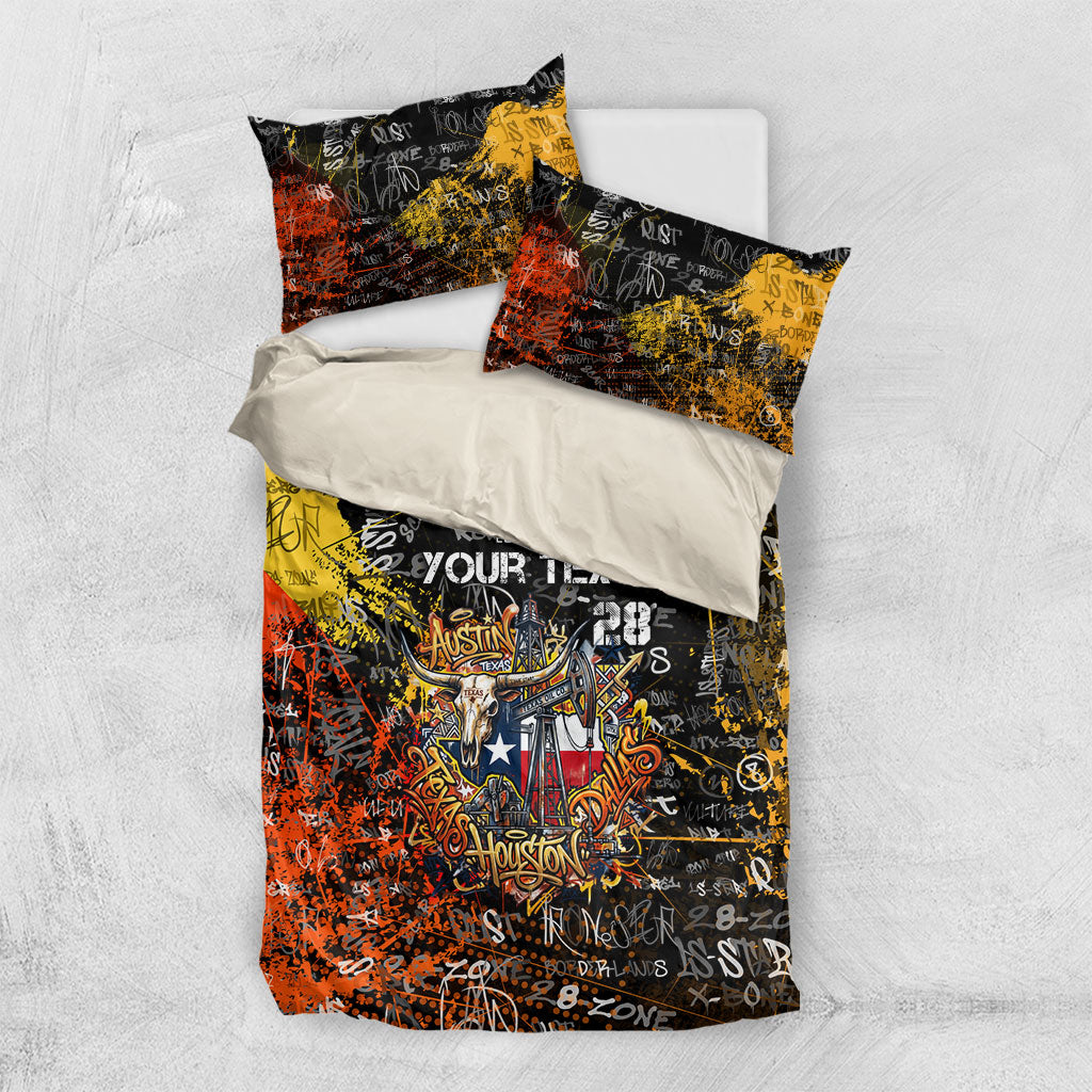 Personalized Texas State Pride Bedding Set Urban Graffiti Style - Longhorn Skull - Oil Derrick Graphic