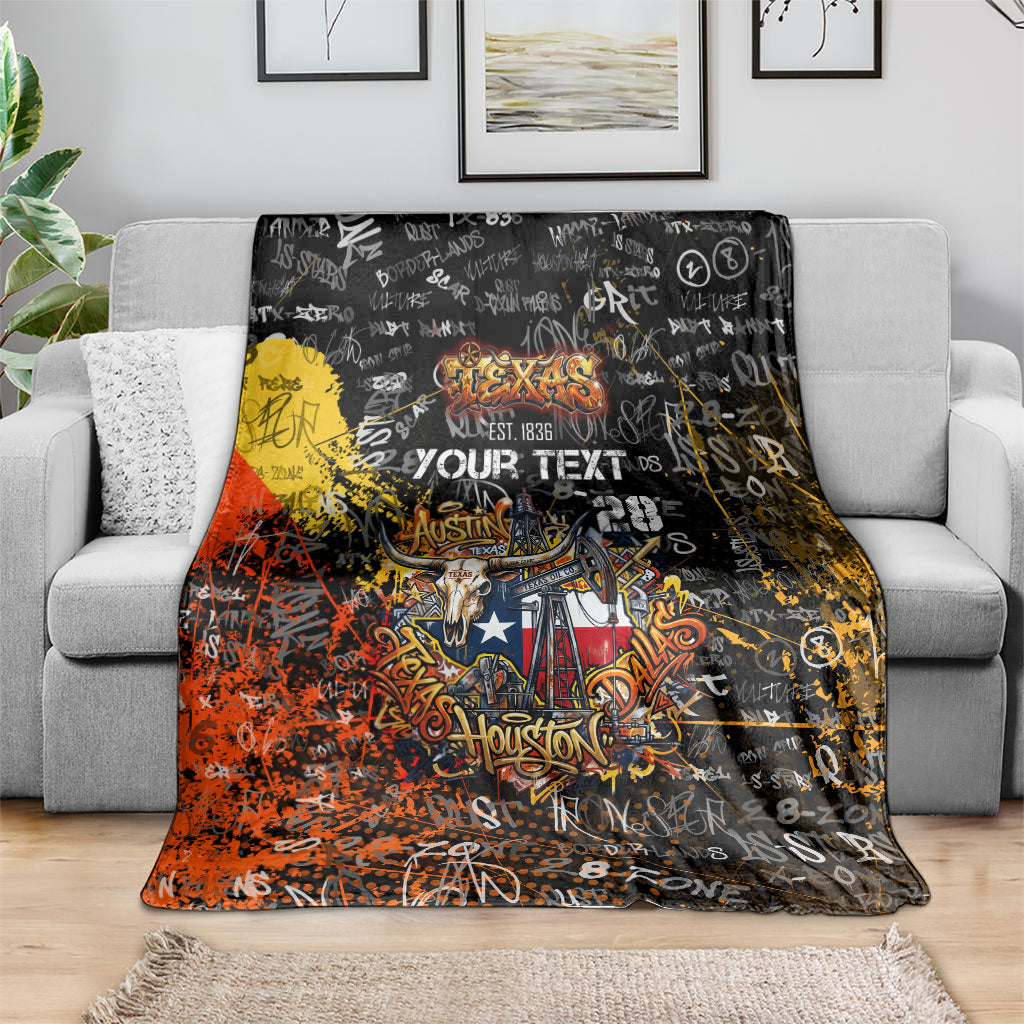 Personalized Texas State Pride Blanket Urban Graffiti Style - Longhorn Skull - Oil Derrick Graphic