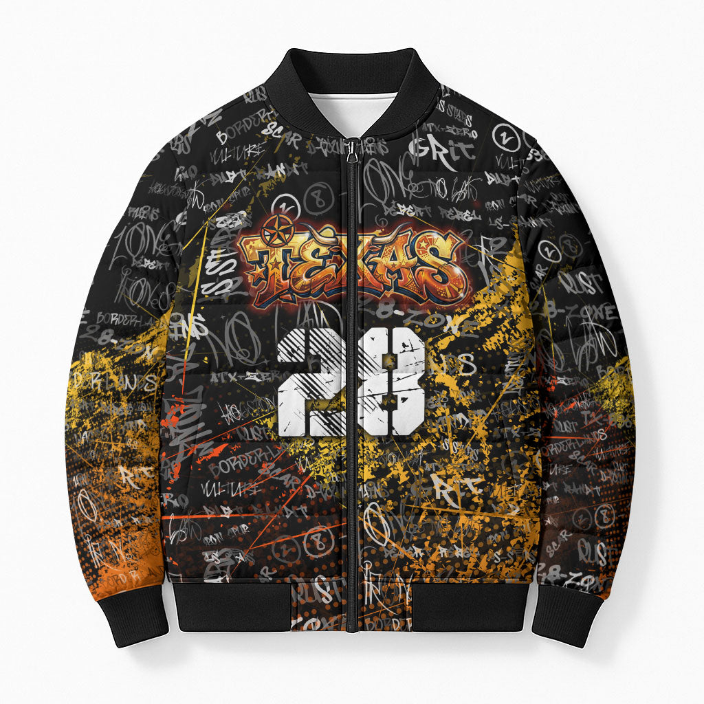 Personalized Texas State Pride Bomber Puffer Jacket Urban Graffiti Style - Longhorn Skull - Oil Derrick Graphic
