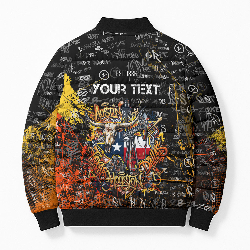 Personalized Texas State Pride Bomber Puffer Jacket Urban Graffiti Style - Longhorn Skull - Oil Derrick Graphic