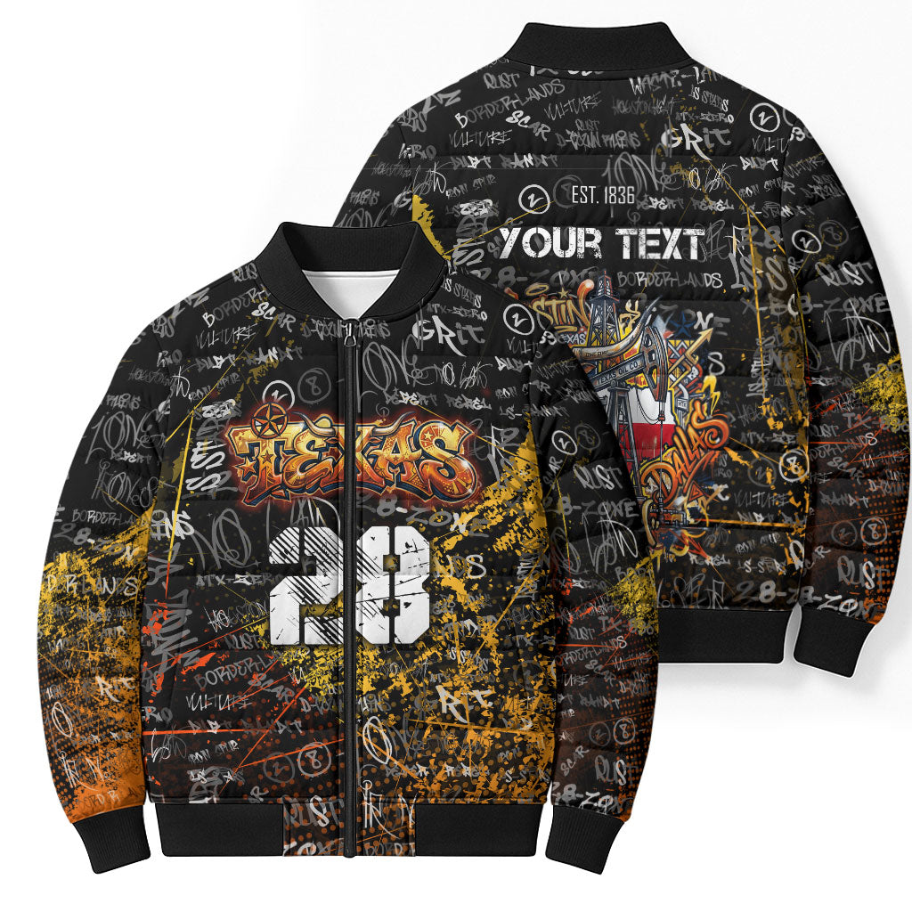 Personalized Texas State Pride Bomber Puffer Jacket Urban Graffiti Style - Longhorn Skull - Oil Derrick Graphic