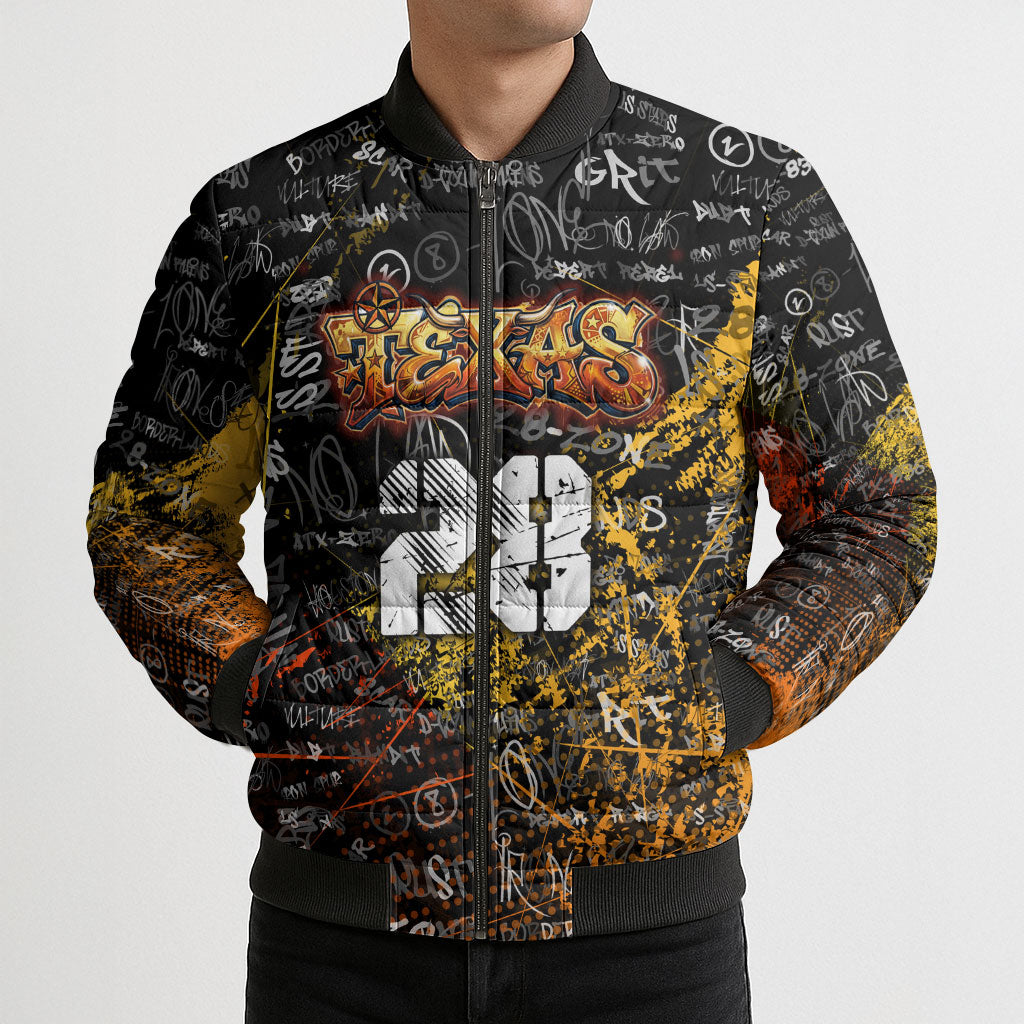 Personalized Texas State Pride Bomber Puffer Jacket Urban Graffiti Style - Longhorn Skull - Oil Derrick Graphic
