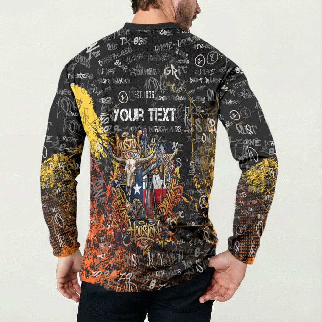 Personalized Texas State Pride Button Sweatshirt Urban Graffiti Style - Longhorn Skull - Oil Derrick Graphic