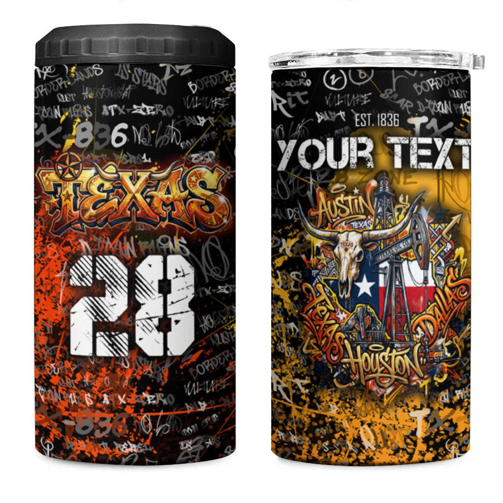 Personalized Texas State Pride 4 in 1 Can Cooler Tumbler Urban Graffiti Style - Longhorn Skull - Oil Derrick Graphic