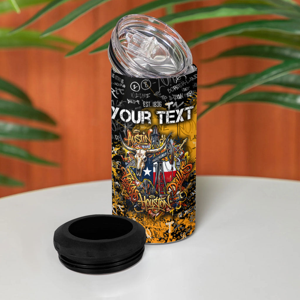 Personalized Texas State Pride 4 in 1 Can Cooler Tumbler Urban Graffiti Style - Longhorn Skull - Oil Derrick Graphic