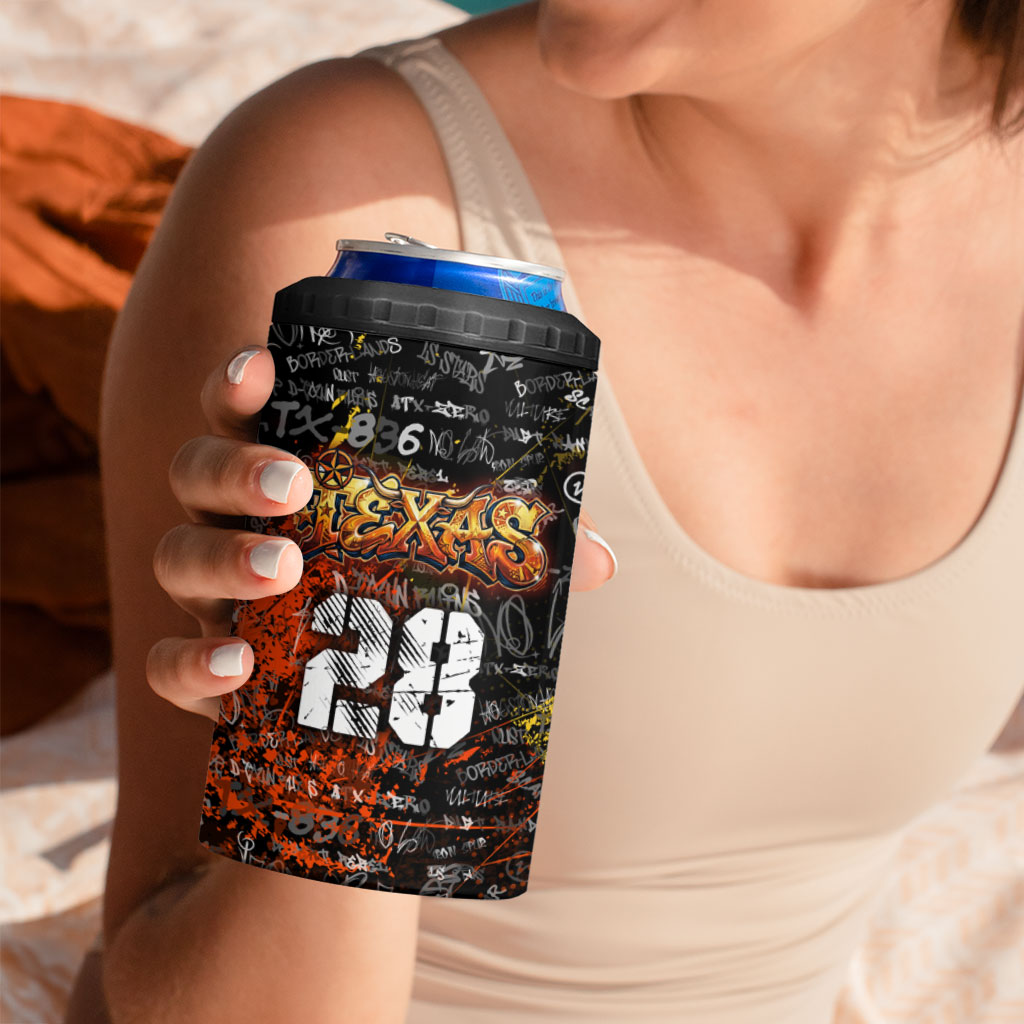 Personalized Texas State Pride 4 in 1 Can Cooler Tumbler Urban Graffiti Style - Longhorn Skull - Oil Derrick Graphic