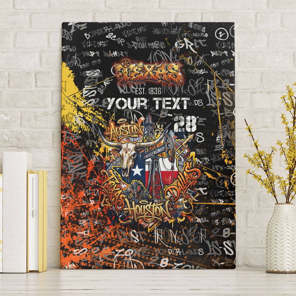 Personalized Texas State Pride Canvas Wall Art Urban Graffiti Style - Longhorn Skull - Oil Derrick Graphic