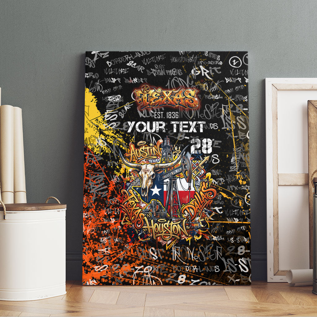 Personalized Texas State Pride Canvas Wall Art Urban Graffiti Style - Longhorn Skull - Oil Derrick Graphic