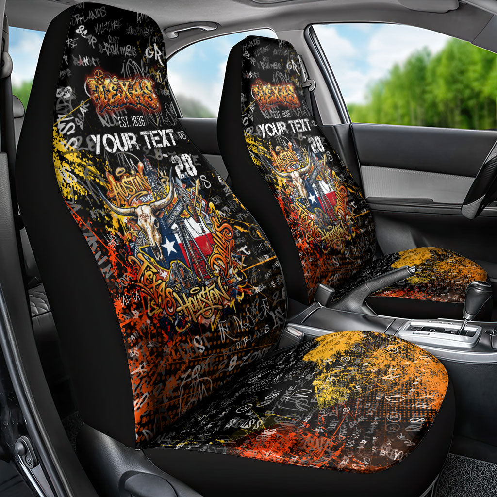 Personalized Texas State Pride Car Seat Cover Urban Graffiti Style - Longhorn Skull - Oil Derrick Graphic