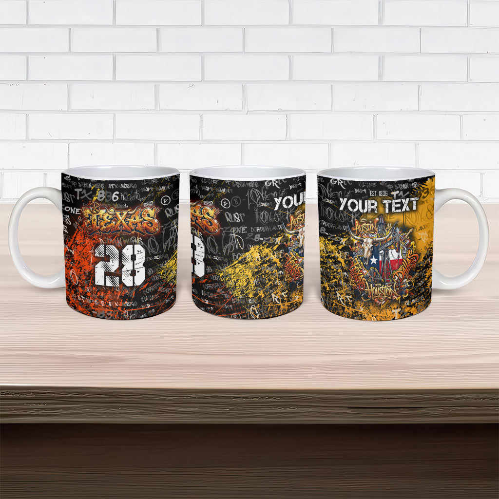 Personalized Texas State Pride Ceramic Mug Urban Graffiti Style - Longhorn Skull - Oil Derrick Graphic