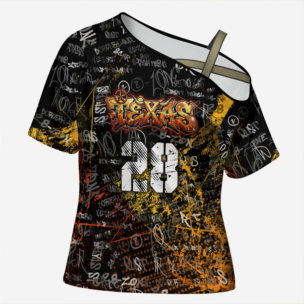 Personalized Texas State Pride Cross Shoulder Shirt Urban Graffiti Style - Longhorn Skull - Oil Derrick Graphic