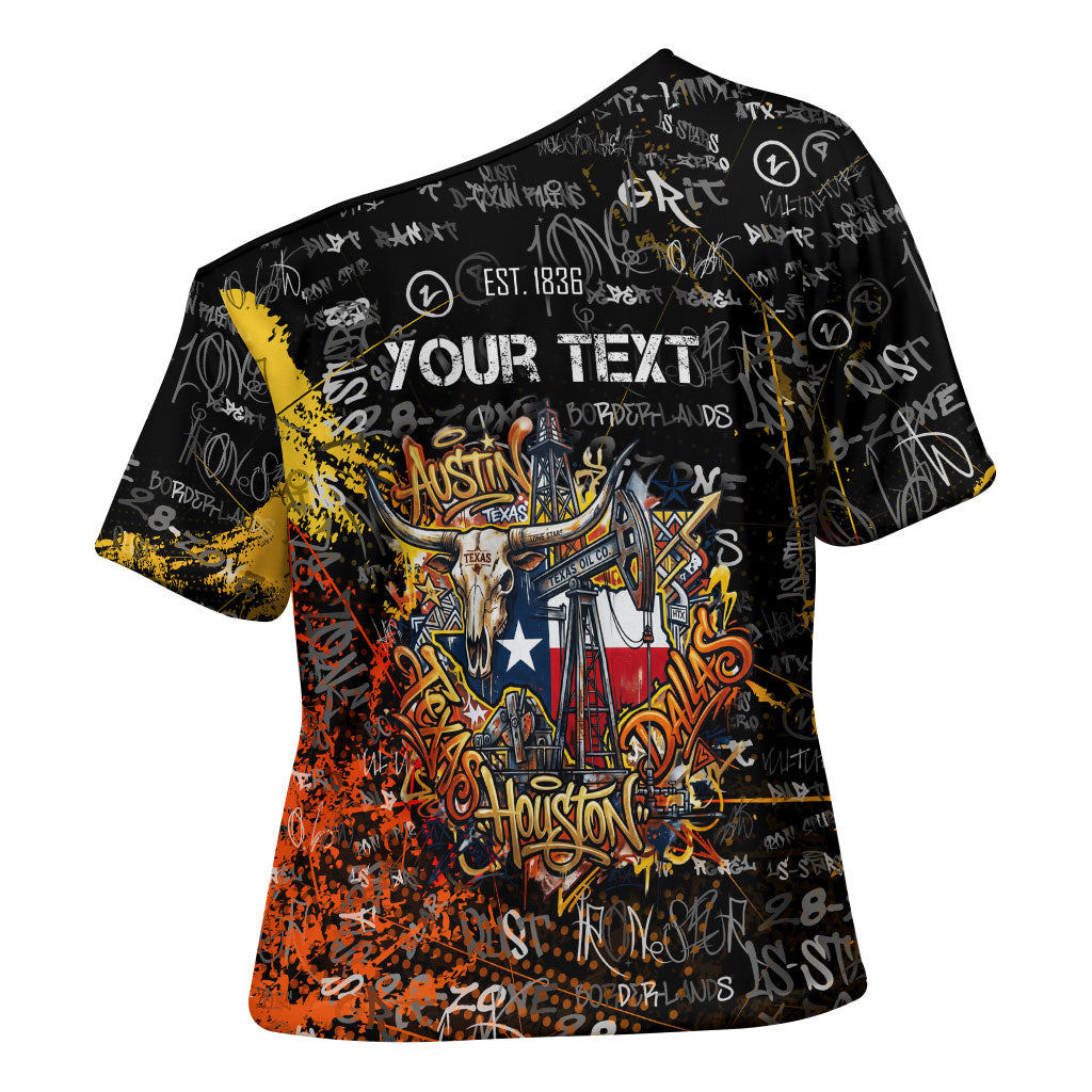 Personalized Texas State Pride Cross Shoulder Shirt Urban Graffiti Style - Longhorn Skull - Oil Derrick Graphic