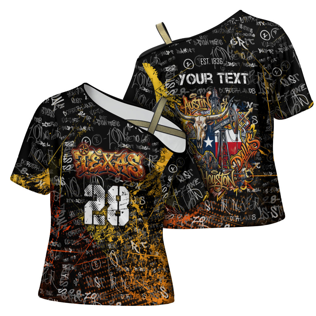 Personalized Texas State Pride Cross Shoulder Shirt Urban Graffiti Style - Longhorn Skull - Oil Derrick Graphic