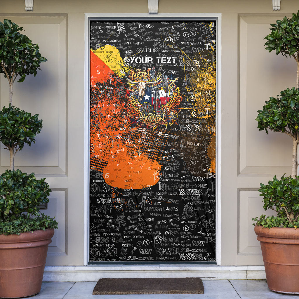 Personalized Texas State Pride Door Cover Urban Graffiti Style - Longhorn Skull - Oil Derrick Graphic