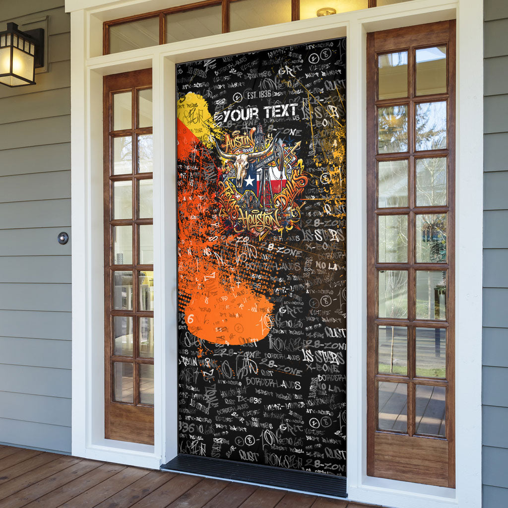 Personalized Texas State Pride Door Cover Urban Graffiti Style - Longhorn Skull - Oil Derrick Graphic