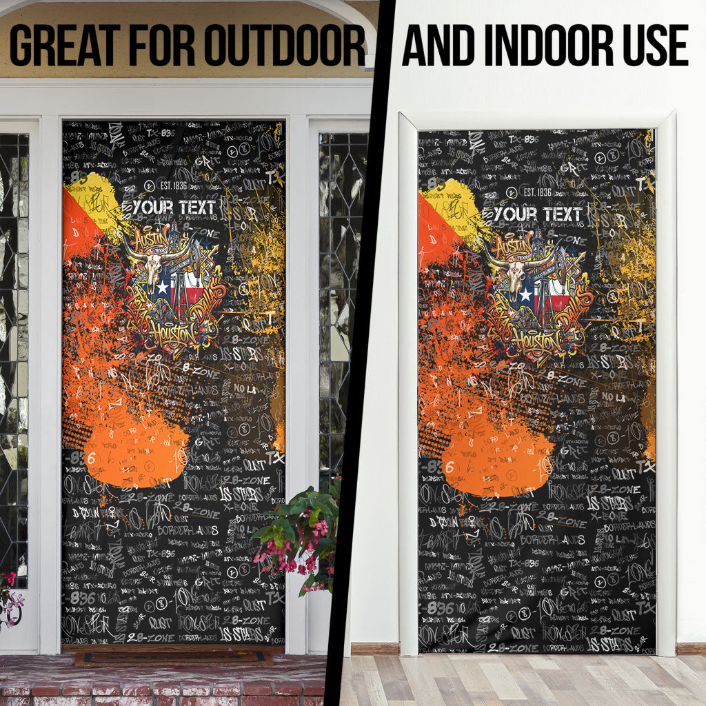 Personalized Texas State Pride Door Cover Urban Graffiti Style - Longhorn Skull - Oil Derrick Graphic