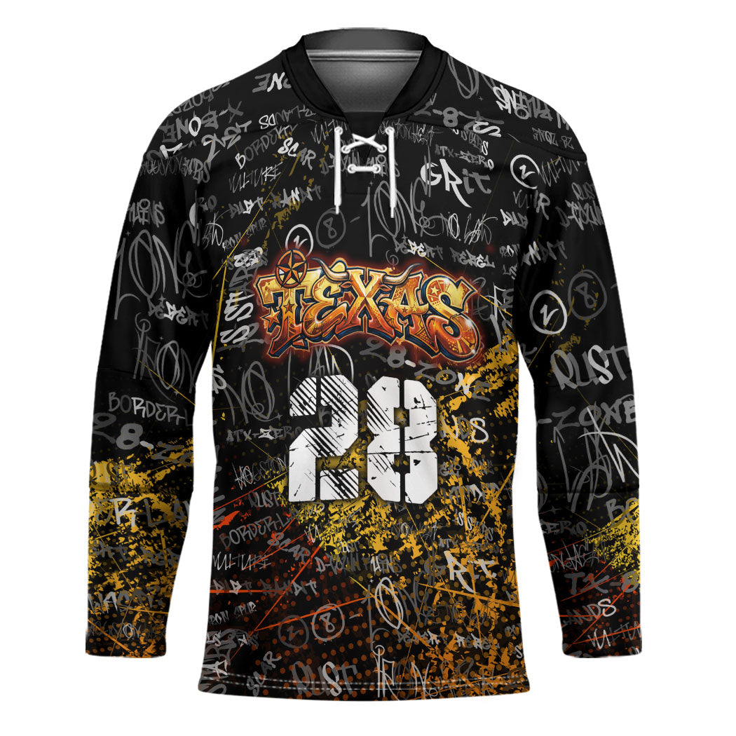 Personalized Texas State Pride Hockey Jersey Urban Graffiti Style - Longhorn Skull - Oil Derrick Graphic