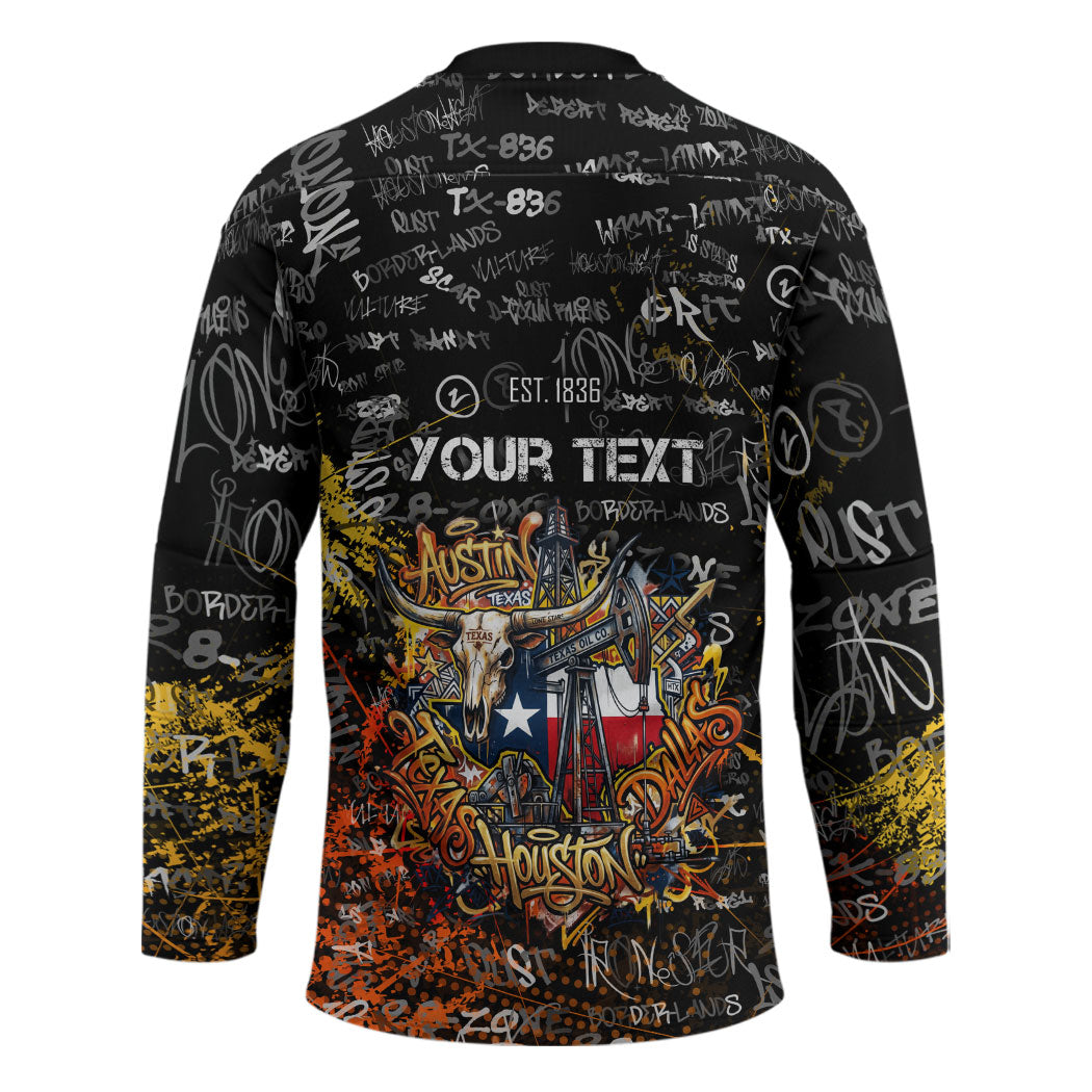 Personalized Texas State Pride Hockey Jersey Urban Graffiti Style - Longhorn Skull - Oil Derrick Graphic