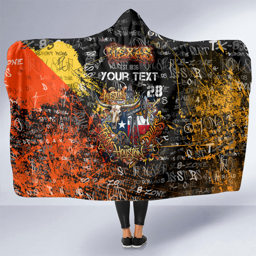 Personalized Texas State Pride Hooded Blanket Urban Graffiti Style - Longhorn Skull - Oil Derrick Graphic