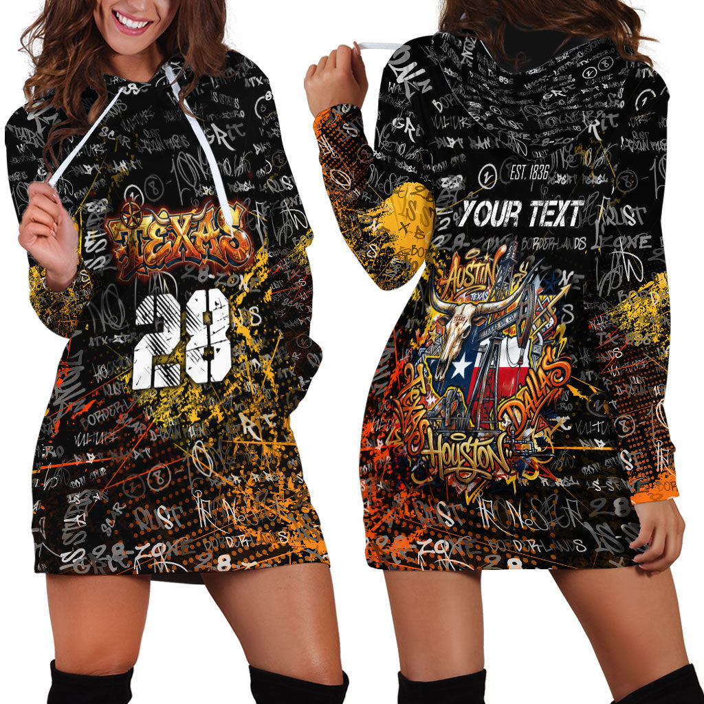 Personalized Texas State Pride Hoodie Dress Urban Graffiti Style - Longhorn Skull - Oil Derrick Graphic