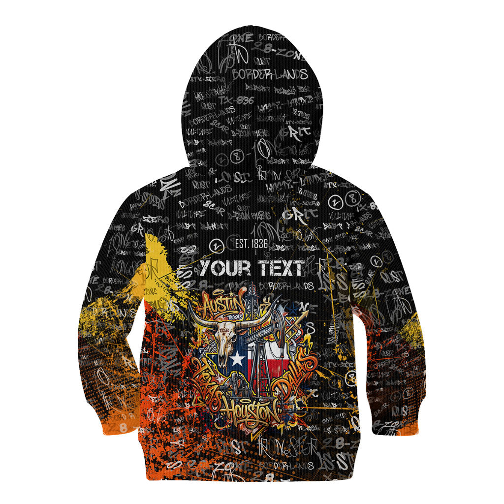 Personalized Texas State Pride Kid Hoodie Urban Graffiti Style - Longhorn Skull - Oil Derrick Graphic