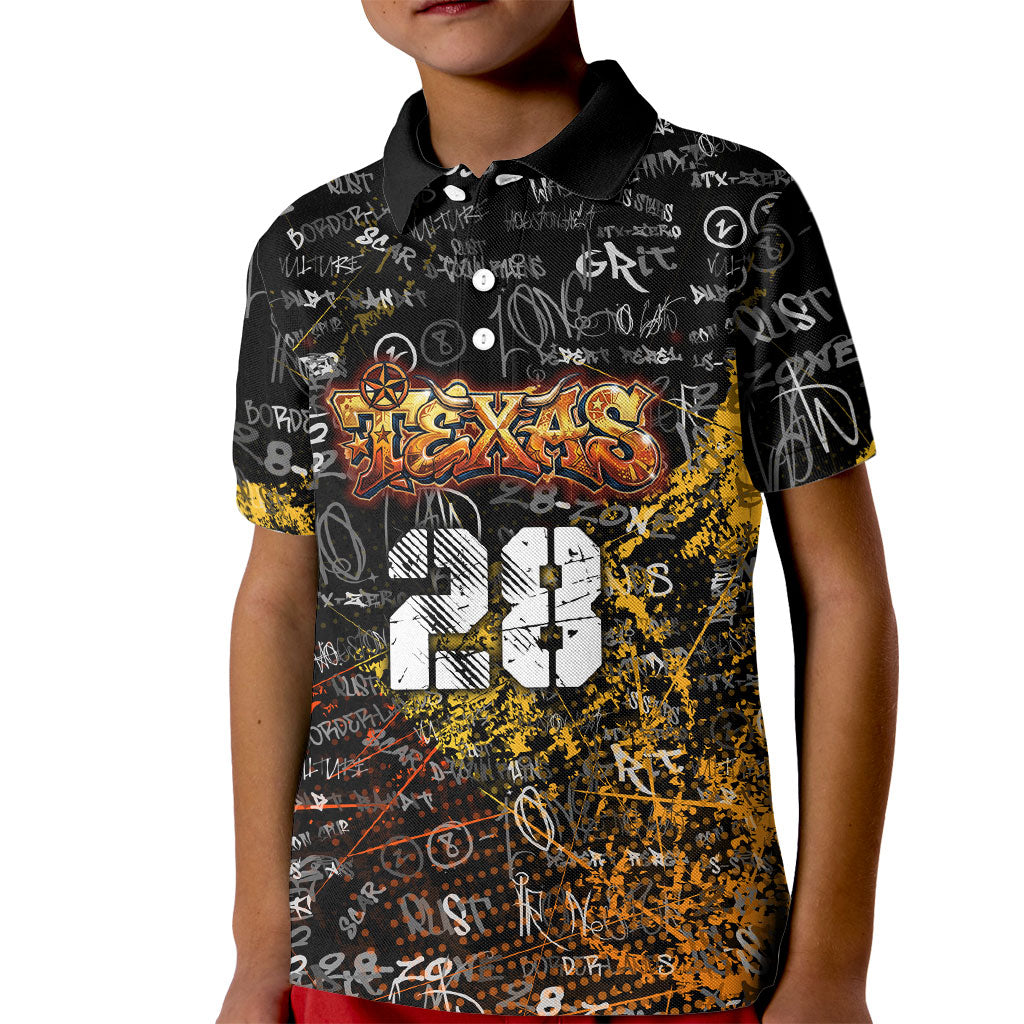 Personalized Texas State Pride Kid Polo Shirt Urban Graffiti Style - Longhorn Skull - Oil Derrick Graphic