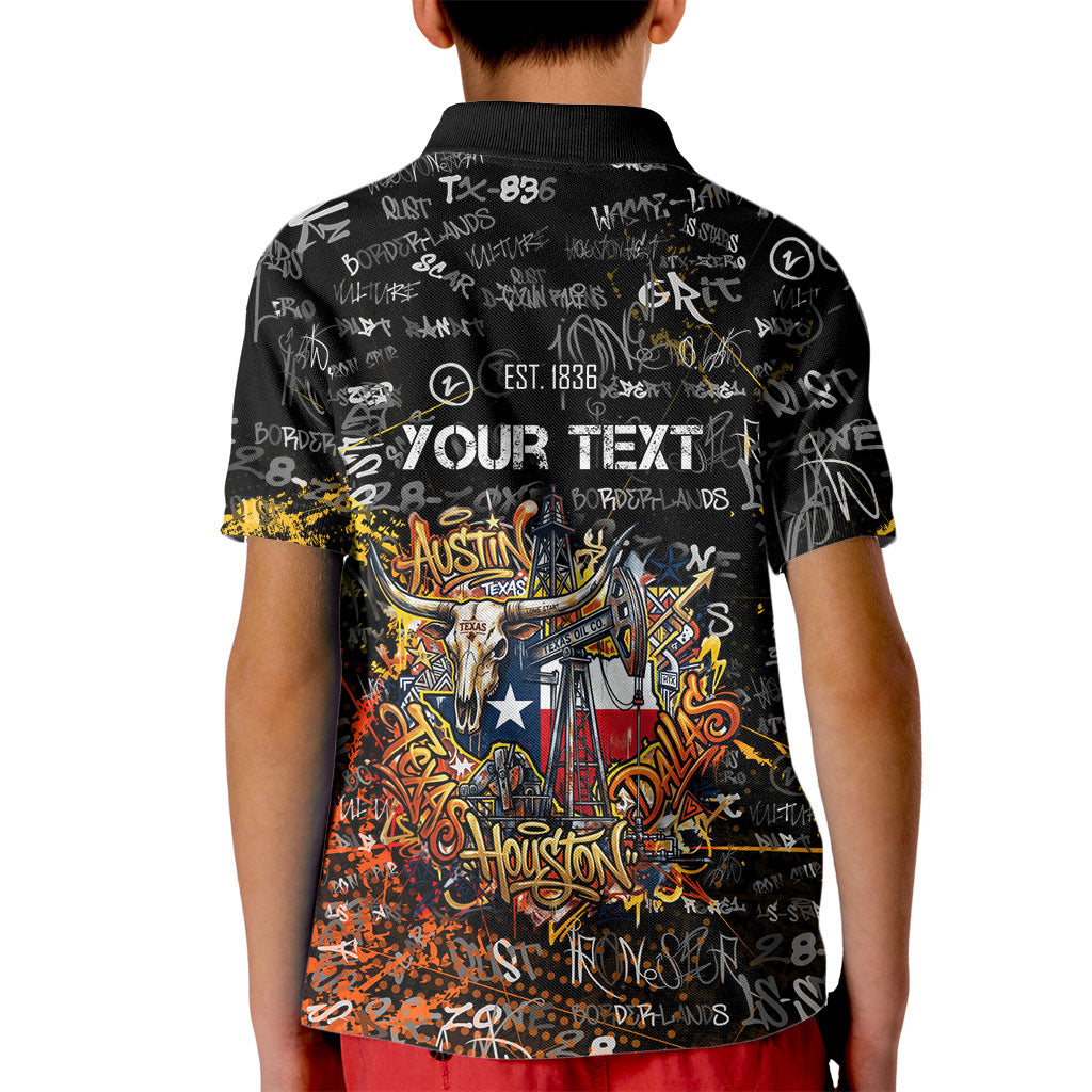 Personalized Texas State Pride Kid Polo Shirt Urban Graffiti Style - Longhorn Skull - Oil Derrick Graphic